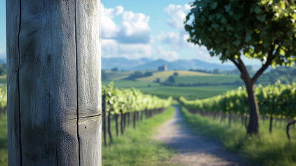 Fototapeta premium Textures of Nature: Wooden Pillar and Vineyard Serenity