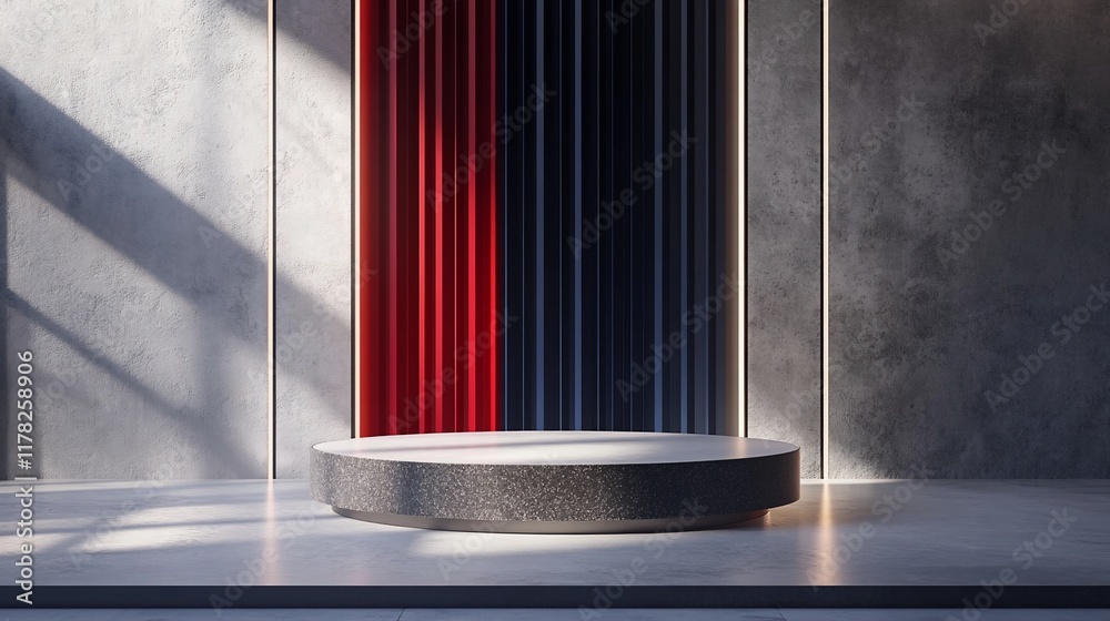 Poster minimalist circular podium in modern concrete room with red and blue fabric backdrop.