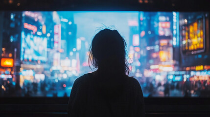 Silhouette of person gazing at futuristic cityscape on giant screen in dark auditorium symbolizing exploration, technology, and the unknown future as chaos unfolds in a digital world

