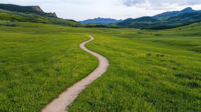 A winding path through a vibrant green meadow leads to majestic mountains in the distance