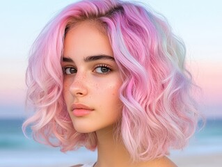 Closeup portrait of a young woman with pink and pastel hair, outdoors