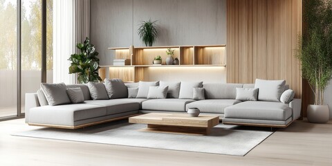 Modern luxurious living room, warm wood paneling, large L-shaped beige sofa, coffee table, potted plants, floor-to-ceiling curtains, soft lighting, minimalist design, open concept, neutral color palet