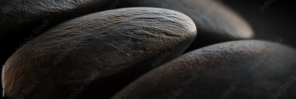 Poster close-up of smooth, dark gray stones, showing texture and subtle light.