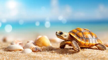 Obraz premium small tortoise exploring sandy beach with seashells, enjoying sun
