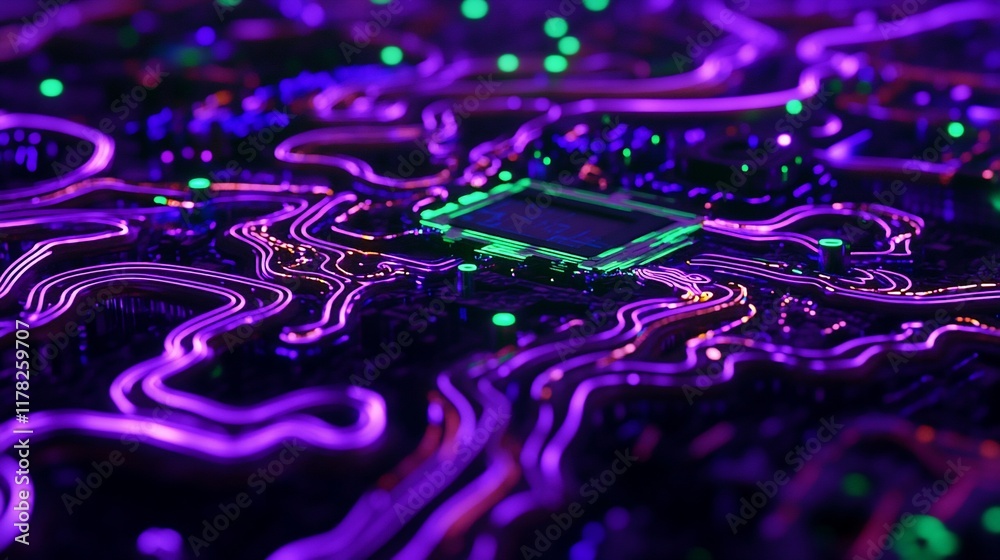 Poster Abstract close-up of a glowing purple circuit board with a central processor.
