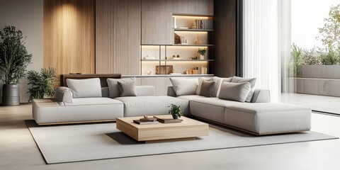 Modern luxurious living room, warm wood paneling, large L-shaped beige sofa, coffee table, potted plants, floor-to-ceiling curtains, soft lighting, minimalist design, open concept, neutral color palet