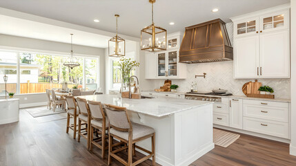 Bright Farmhouse Kitchen:  Elegant White Cabinets, Marble Island, and Brass Lighting
