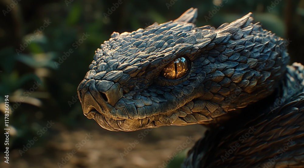 Poster close-up of a gaboon viper's head, showcasing its intricate scales and intense gaze in a lush jungle
