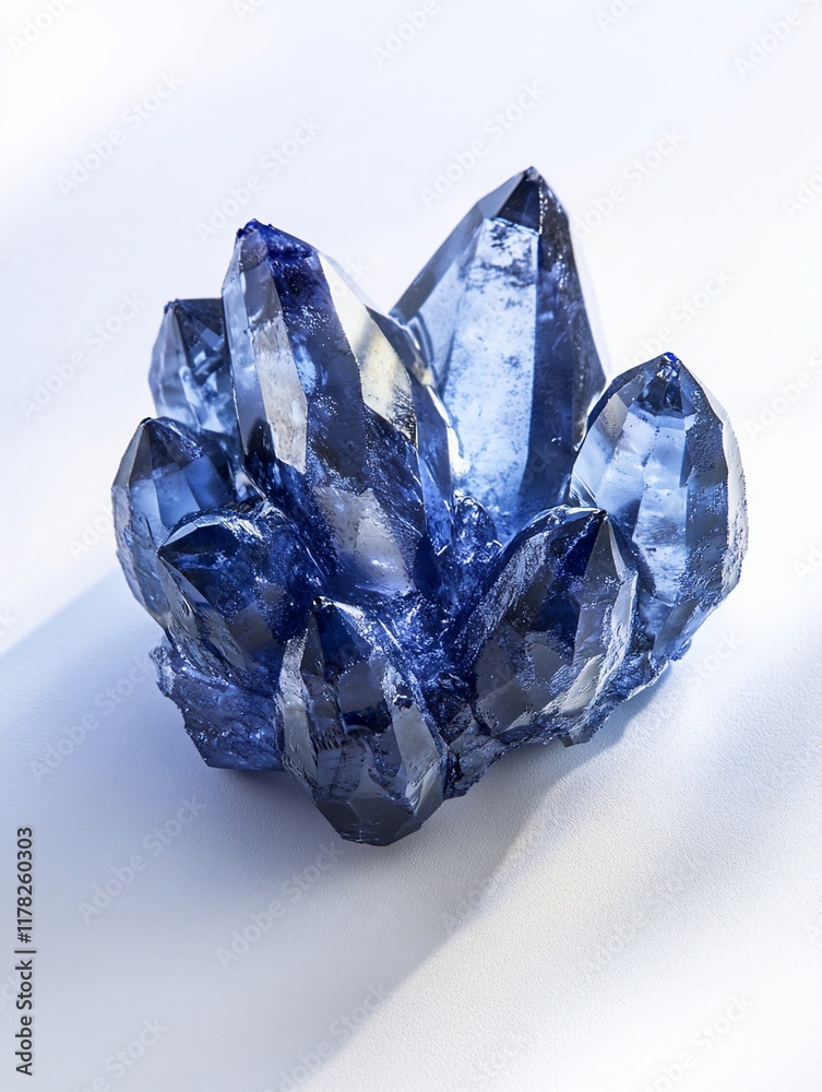 Aufkleber close-up of a vibrant blue crystal cluster on a white background, showcasing its multifaceted struct