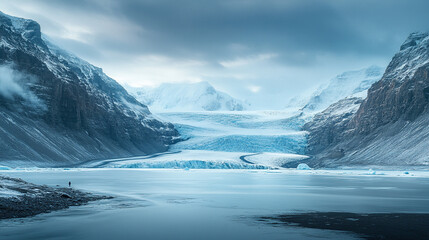 Majestic glacier valley showcasing nature's power and beauty with its blend of icy formations and rugged landscapes, offering captivating views and a serene atmosphere perfect for reflection or advent