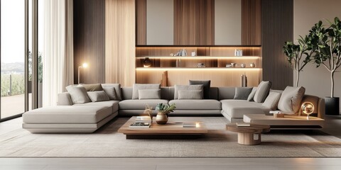 Modern luxurious living room, warm wood paneling, large L-shaped beige sofa, coffee table, potted plants, floor-to-ceiling curtains, soft lighting, minimalist design, open concept, neutral color palet