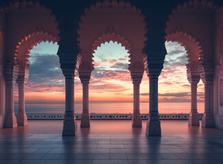 Arabic architecture with arches and columns against the background of a sunset sky, silhouetted. A medieval palace interior. A magical place for lovers to gaze at the horizon. Concept of Indian cultur