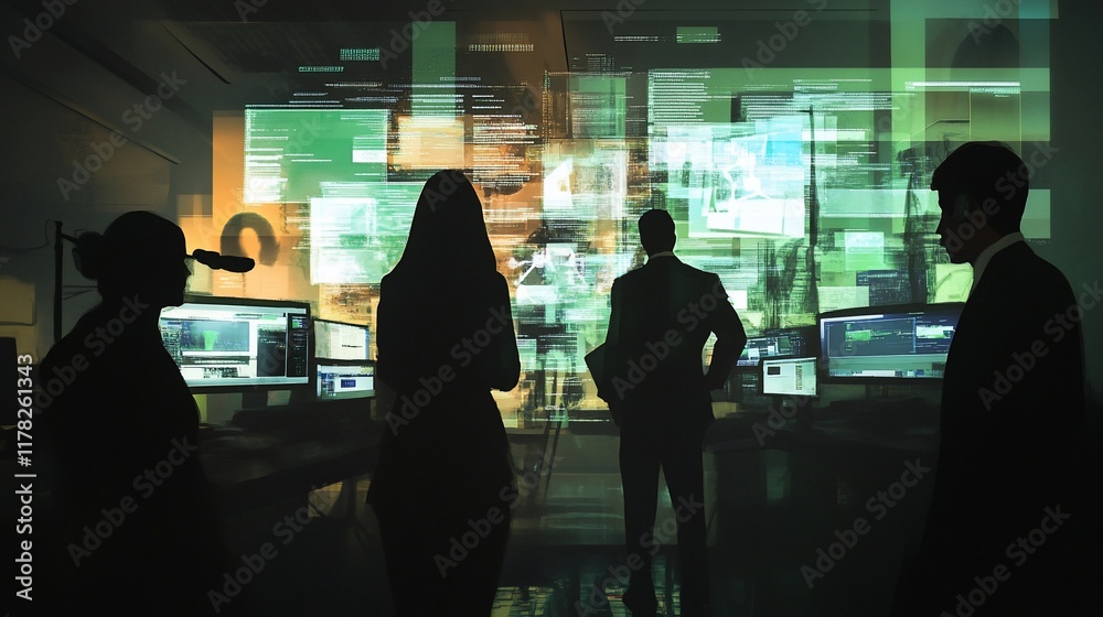 Poster silhouetted business team analyzes data on large screens in a dark room.