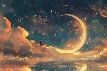 Naklejka premium Dreamy night sky with crescent moon