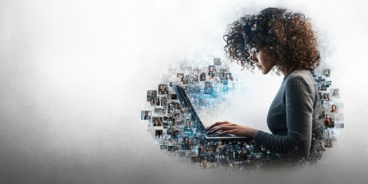 A woman engages with her laptop, surrounded by an array of digital portraits, symbolizing the interconnectedness of modern communication and virtual relationships.