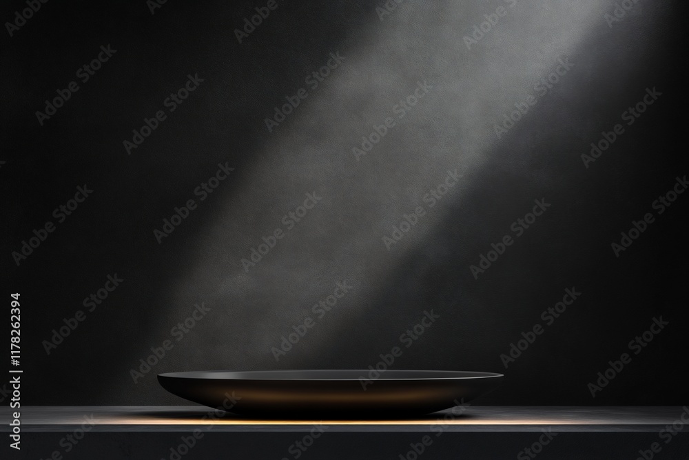Poster dark moody studio shot of empty black bowl on dark surface with spotlight.