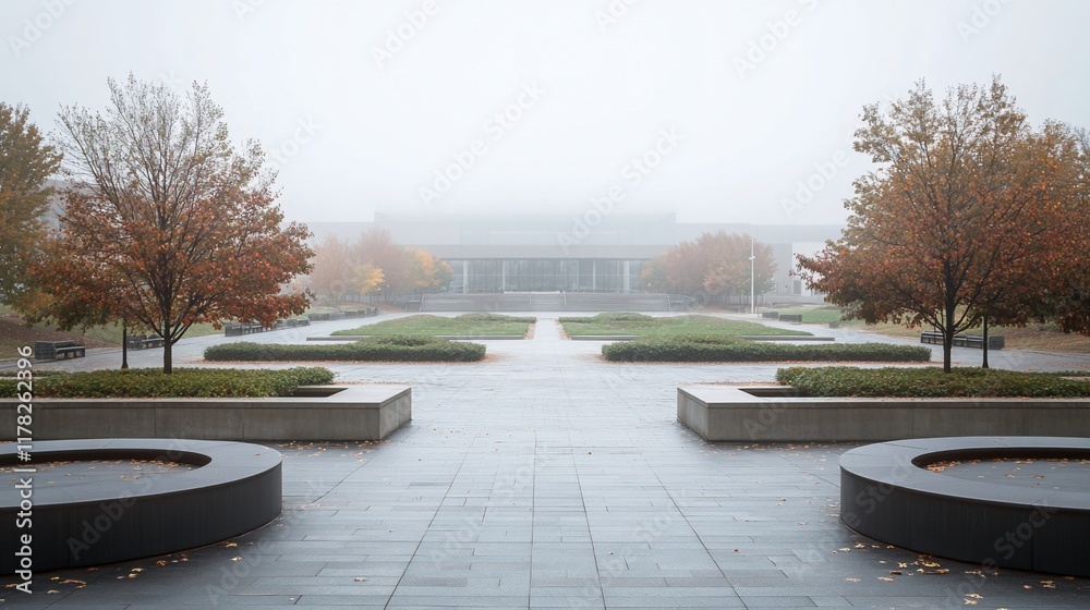 Poster foggy autumn morning at a symmetrical plaza with trees and a distant building.