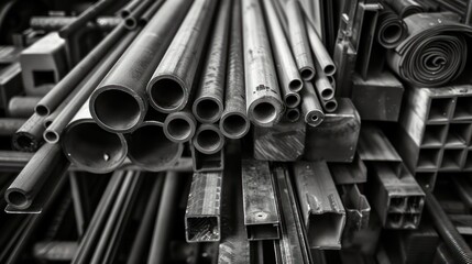 A monochrome shot of various metal pipes&mdash;round, square, and flat steel tubes&mdash;stacked at a construction site, with a shallow depth of field highlighting the metal surface details.