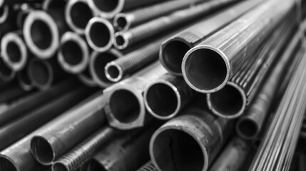 A monochrome shot of various metal pipes&mdash;round, square, and flat steel tubes&mdash;stacked at a construction site, with a shallow depth of field highlighting the metal surface details.