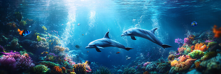 Fototapeta premium A playful underwater scene with dolphins dancing around a coral reef, their movements captured in dynamic splashes of water and light, symbolizing joy and freedom. 