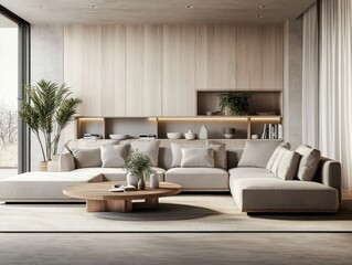 Modern luxurious living room, warm wood paneling, large L-shaped beige sofa, coffee table, potted plants, floor-to-ceiling curtains, soft lighting, minimalist design, open concept, neutral color palet
