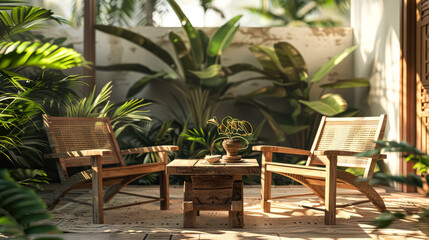 Obraz premium Living room with a wooden table and two chairs.