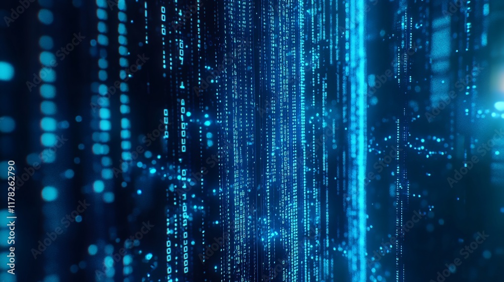 Leinwandbilder Abstract blue digital data stream flowing down, glowing particles, binary code.