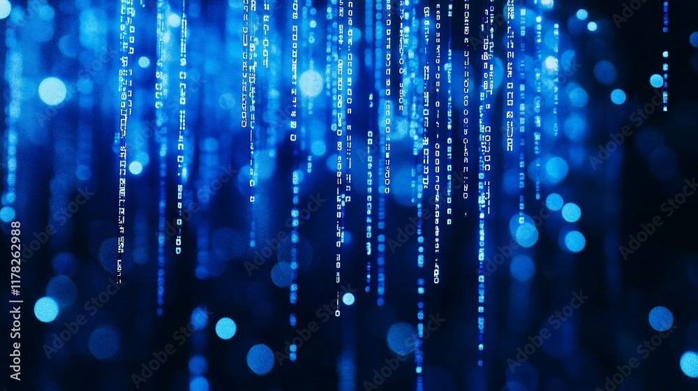 Poster Abstract blue digital rain background with bokeh lights and data streams.