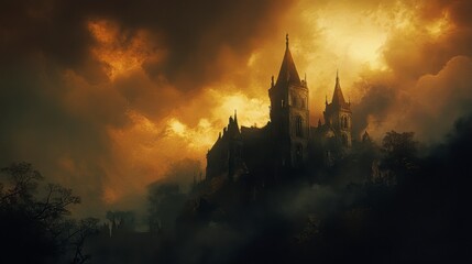 Fototapeta premium Dark Gothic Castle on Foggy Hilltop at Sunset