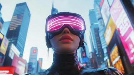 Fototapeta premium Cyberpunk Woman in Neon Goggles, Futuristic Cityscape, Times Square