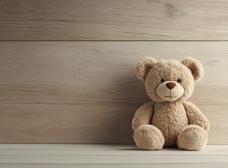 Fototapeta premium Cute brown teddy bear toy on a wooden background, front view. Plush stuffed animal for children or as a baby gift with copy space. Stock photo, a photorealistic picture
