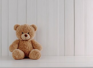 Cute brown teddy bear toy on a wooden background, studio shot, soft lighting, space for text. Stock photo with 2/3 space for copy, featuring an empty white table and a light wood wall in the backgroun