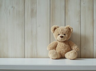 Cute brown teddy bear toy on a wooden background, studio shot, soft lighting, space for text. Stock photo with 2/3 space for copy, featuring an empty white table and a light wood wall in the backgroun