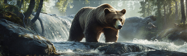 Obraz premium A powerful bear standing by a rushing river, with its figure blending into the surrounding forest and water, symbolizing strength and the force of nature. 