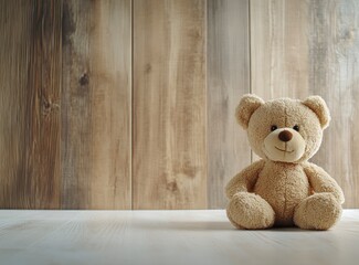 Fototapeta premium Cute brown teddy bear toy on a wooden background, front view. Plush stuffed animal for children or as a baby gift with copy space. Stock photo, a photorealistic picture