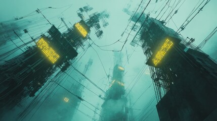 Futuristic city skyscrapers in fog, low angle.
