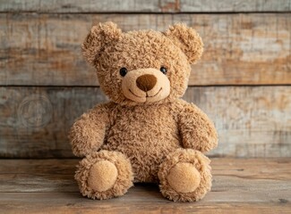 Obraz premium Cute brown teddy bear toy on a wooden background, front view. Plush stuffed animal for children or as a baby gift with copy space. Stock photo, a photorealistic picture