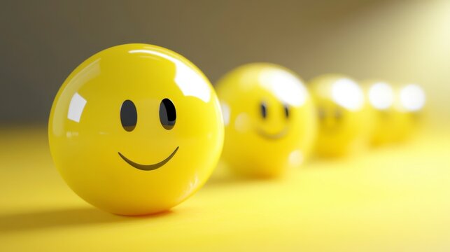 Happy Yellow Smiley Face Balls in a Row on Yellow Background