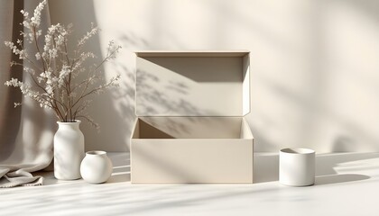 a white box with a geometric pattern on the lid, placed on a white surface with vases and other decorative elements