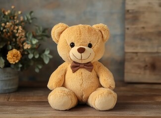 Obraz premium Cute teddy bear toy on a wooden background, front view. Cute plush toy sitting and looking at the camera with copy space for a children's day or birthday party decoration. High-quality photography,