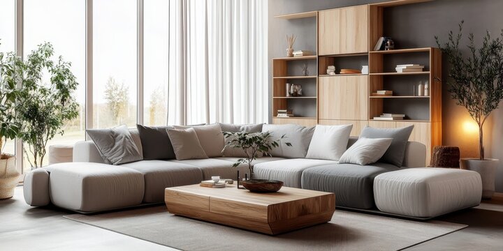 Modern luxurious living room, warm lighting, custom built-in bookshelves, floor-to-ceiling windows, minimalist furniture, low-profile seating, wooden platform, neutral color palette, cozy atmosphere, 