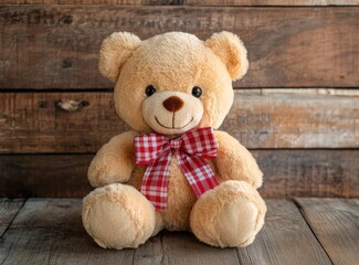 Obraz premium Cute teddy bear toy on a wooden background, front view, with copy space, studio shot, high-resolution photography. 