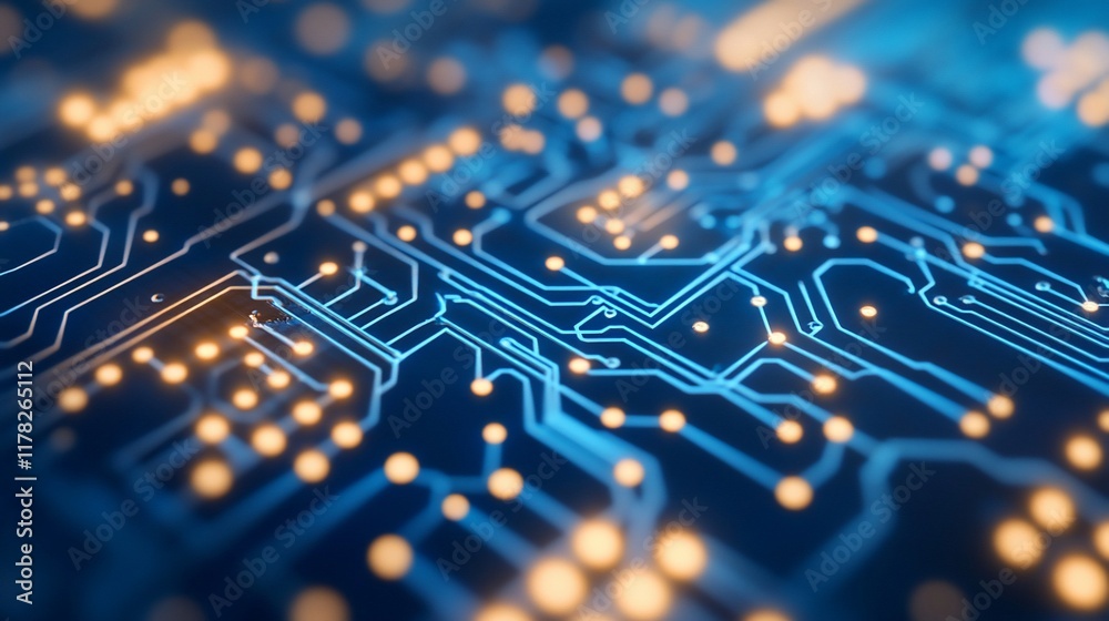 Poster Close-up of illuminated circuit board, showcasing intricate pathways and connections.