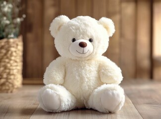 Obraz premium Cute teddy bear toy on a wooden background, front view, with copy space, studio shot, high-resolution photography.