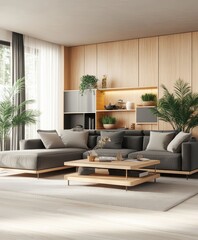 Fototapeta premium Modern luxurious living room, warm lighting, custom built-in bookshelves, floor-to-ceiling windows, minimalist furniture, low-profile seating, wooden platform, neutral color palette, cozy atmosphere, 