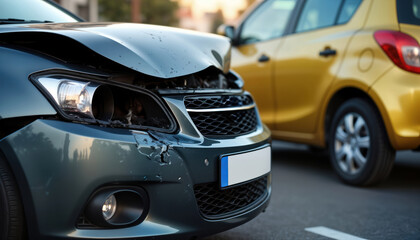 Fototapeta premium Damaged dark gray car with broken hood, dented bumper. Another yellow car visible in background. Accident occurred on city street. Possible crash scene. Vehicle damage evident. Collision possibly