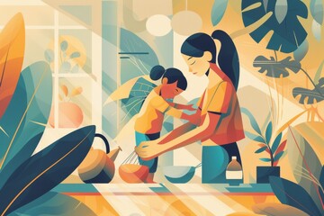 Mother and daughter cooking together