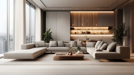 Fototapeta premium Modern luxurious living room, warm lighting, custom built-in bookshelves, floor-to-ceiling windows, minimalist furniture, low-profile seating, wooden platform, neutral color palette, cozy atmosphere, 