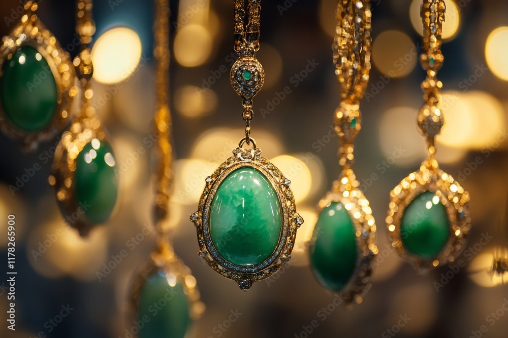 Poster close-up of several jade pendants with gold settings hanging in a display.