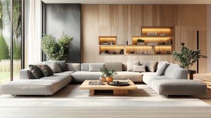 Modern luxurious living room, warm lighting, custom built-in bookshelves, floor-to-ceiling windows, minimalist furniture, low-profile seating, wooden platform, neutral color palette, cozy atmosphere, 